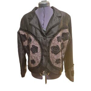 Spiegel Black Silk Jacket With Sheer Lace Panels & Floral Beading Size Large